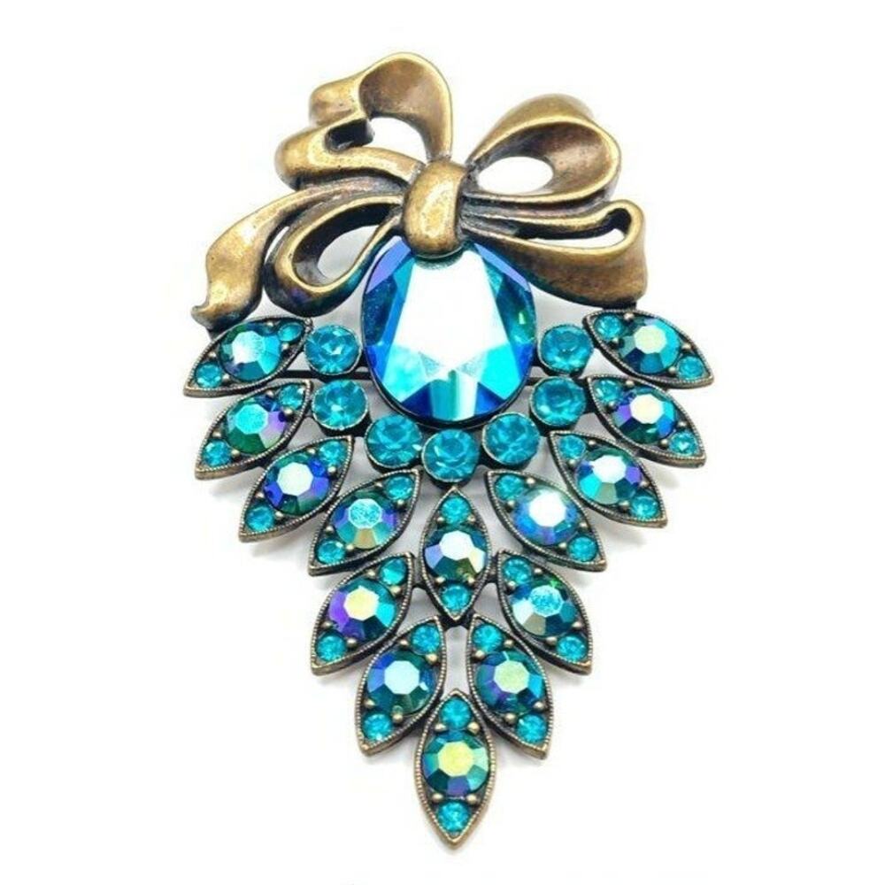 Sweet Romance Signed AB Crystal Brooch Gold Tone Metal USA